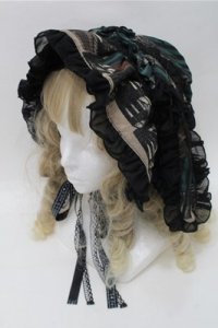 FRILL / アンティークテディベア柄うさ耳ボンネット  黒ｘｘグリーン S-25-10-17-025-HN-SK-HR-ZS