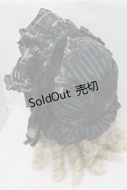 画像3: FRILL / アンティークテディベア柄うさ耳ボンネット  黒ｘｘグリーン S-25-10-17-025-HN-SK-HR-ZS