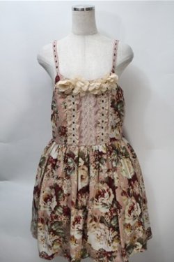 画像1: axes femme / 薔薇プリント&胸元フラワーモチーフジャンパースカート  ピンク S-25-10-20-028-AX-OP-HR-ZS
