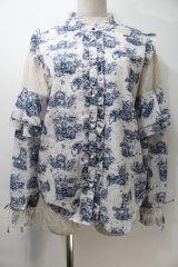 axes femme / トワルドジュイ風線画ブラウス  白ｘ青 S-25-10-29-037-AX-BL-AS-ZS