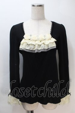 画像1: axes femme / シフォン巻きバラ付きプルオーバー  黒 S-25-11-02-047-AX-TO-HR-ZS