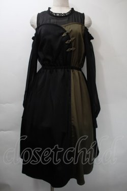 画像1: axes femme / バイカラーチャイナボタンンピース  黒ｘカーキ S-25-11-03-042-AX-OP-AS-ZS