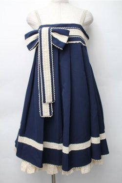 画像1: ChaCha / リボンデザインジャンパースカート  紺ｘオフ S-25-11-05-054-EL-OP-HR-ZS