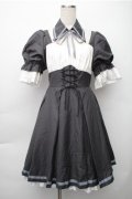 中国ロリータ / シャーリング切替ワンピース  グレーｘ白 S-25-11-05-031-LO-OP-HR-ZS