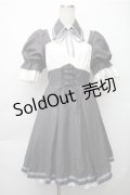 中国ロリータ / シャーリング切替ワンピース  グレーｘ白 S-25-11-05-031-LO-OP-HR-ZS