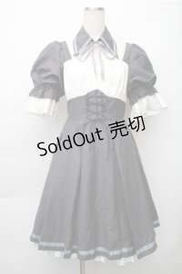 中国ロリータ / シャーリング切替ワンピース  グレーｘ白 S-25-11-05-031-LO-OP-HR-ZS