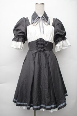 画像1: 中国ロリータ / シャーリング切替ワンピース  グレーｘ白 S-25-11-05-031-LO-OP-HR-ZS