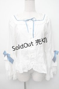 BABY,THE STARS SHINE BRIGHT / Pure Pearl bouquetスクエアネック姫袖ブラウス  白ｘ青 S-25-11-06-020-BA-TS-HR-ZS