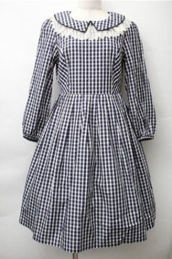 画像1: Emily Temple cute / 襟レースギンガムワンピース  紺ｘ白 S-25-11-13-064-ET-OP-HR-ZS