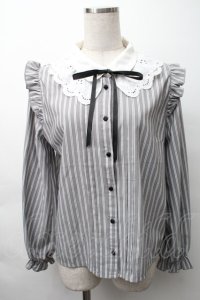 axes femme POETIQUE / レース襟ストライプブラウス  グレー S-25-11-16-011-AX-BL-HR-ZS
