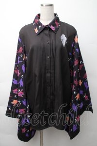 NieR Clothing / 着物風袖ブロッキングシャツ【折鶴】  黒 S-25-11-16-020-PU-BL-HR-ZS
