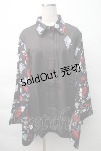NieR Clothing / 着物風袖ブロッキングシャツ【和傘】  黒ｘ赤 S-25-11-16-022-PU-BL-HR-ZS