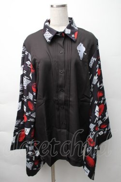 画像1: NieR Clothing / 着物風袖ブロッキングシャツ【和傘】  黒ｘ赤 S-25-11-16-022-PU-BL-HR-ZS