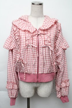 画像1: axes femme kawaii / フリルフーディブルゾン  ピンクｘ白 S-25-11-23-1020-AX-JA-HR-ZS