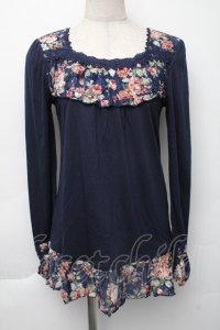 axes femme / レースデザイントップス  紺 S-25-11-30-017-AX-TO-AS-ZS