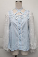 Lovely Tency / alsチョーカーレースブラウス M サックス S-25-12-01-007-LO-BL-AS-ZT143
