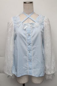 Lovely Tency / alsチョーカーレースブラウス M サックス S-25-12-01-007-LO-BL-AS-ZT143