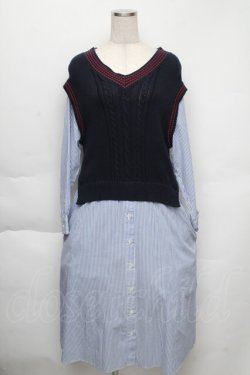 画像1: Jane Marple Dans Le Salon / Tilden vest and stripe trompe-l'oeil dress  サックスｘ紺 S-25-12-01-025-JM-OP-AS-ZS