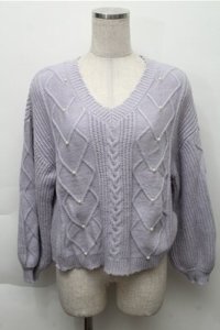 axes femme POETIQUE / パール配色アラン編みニット  ラベンダー S-25-12-04-031-AX-TO-HR-ZS