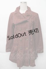 axes femme / ファー袖チェックミディコート  ワイン S-25-12-07-051-AX-CO-HR-ZS