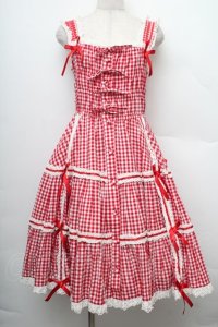 metamorphose / ギンガムシャーリングジャンパースカート  赤ｘ白 S-25-12-20-005-ME-OP-AS-ZS