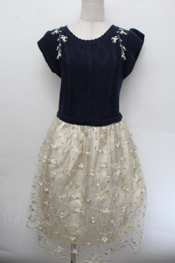 画像1: axes femme / レース×花柄ドッキングワンピース  紺ｘオフ S-26-01-04-044-AX-OP-AS-ZS