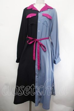 画像1: jouetie / 配色シャツワンピース M 黒×ブルーグレー×ピンク S-26-01-29-057-EL-TO-TE-ZS