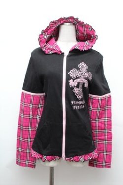 画像1: PUTUMAYO / チェック切替パーカー  黒ｘピンク S-26-01-31-057-PT-TO-HR-ZS