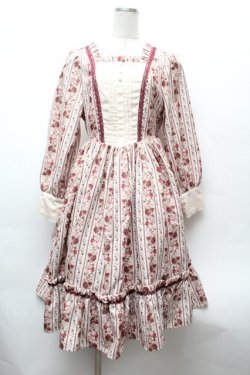 画像1: axes femme kawaii / ストライプローズ柄ワンピース  ベージュｘワイン S-26-02-05-045-AX-OP-AS-ZS