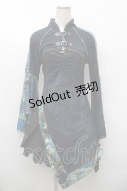画像1: Qutie Frash / 龍ptレイヤード風和柄チュニックワンピース  黒ｘブルー S-26-02-11-056-QU-OP-HR-ZS