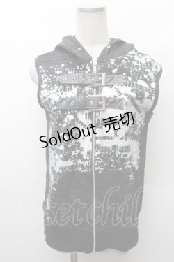 画像1: h.NAOTO / プリントノースリーブフードZIPパーカー  黒 S-26-02-11-031-HN-OP-HR-ZS