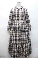 画像1: evelyn / チェックティアードワンピース  紺ｘオフ S-26-02-17-032-LO-OP-AS-ZT632 (1)
