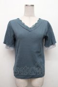 axes femme / 袖シフォン半袖リブトップス  ブルー S-26-02-18-041-AX-TO-HR-ZS