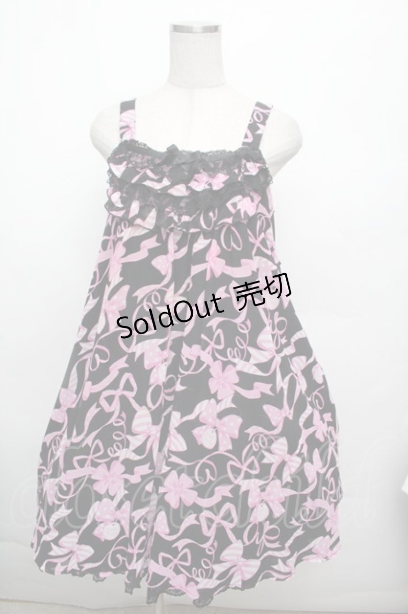 画像1: Angelic Pretty / ラッピングリボンジャンパースカート  黒ｘピンク S-26-03-04-052-AP-OP-HR-ZS (1)