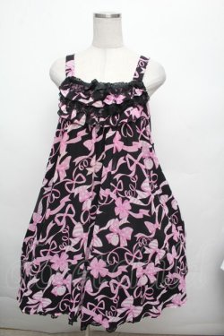 画像1: Angelic Pretty / ラッピングリボンジャンパースカート  黒ｘピンク S-26-03-04-052-AP-OP-HR-ZS