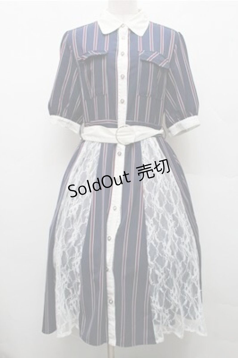 画像1: axes femme / マルチストライプ柄シャツワンピース  紺ｘオフ S-26-03-15-055-AX-OP-HR-ZS (1)