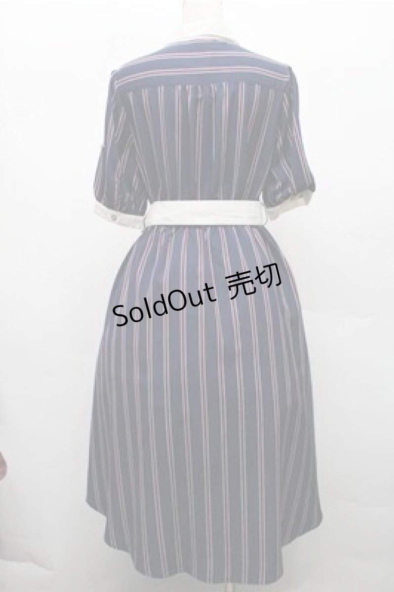 画像2: axes femme / マルチストライプ柄シャツワンピース  紺ｘオフ S-26-03-15-055-AX-OP-HR-ZS (2)