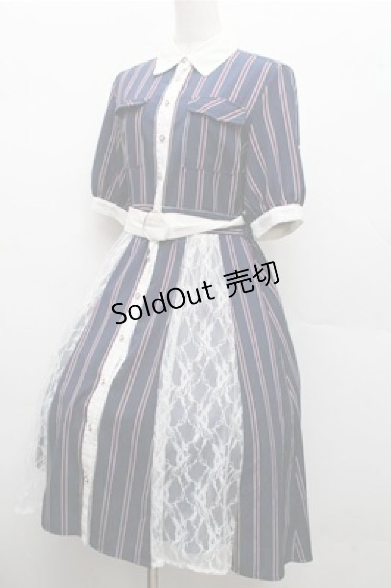 画像3: axes femme / マルチストライプ柄シャツワンピース  紺ｘオフ S-26-03-15-055-AX-OP-HR-ZS (3)