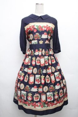 画像1: Jane Marple / Strawberry label scarfのタブリエドレス  ネイビー S-26-04-01-017-JM-OP-HR-ZS