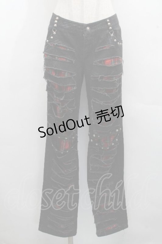 画像1: GLP / チェックダメージパンツ  黒ｘ赤 S-26-04-14-058-PU-PA-HR-ZS (1)