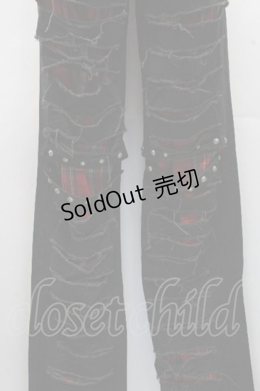 画像4: GLP / チェックダメージパンツ  黒ｘ赤 S-26-04-14-058-PU-PA-HR-ZS (4)
