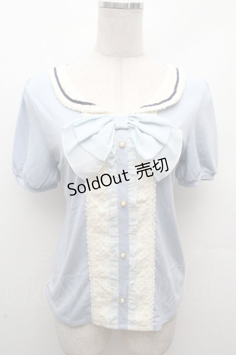 画像1: axes femme / フロントレースシフォンフリル半袖カットソー  サックス S-26-04-17-046-AX-TO-HR-ZS (1)