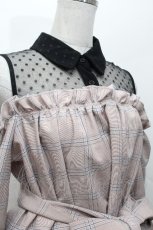 画像4: MA*RS / チュール&チェック切替オフショルワンピース  ピンク S-26-04-30-022-EL-OP-HR-ZS (4)