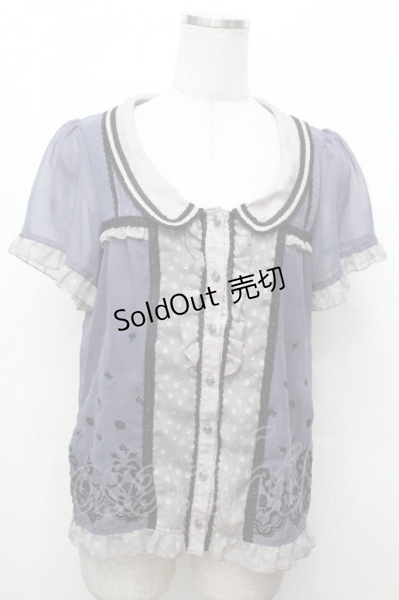 画像1: axes femme / フロッキープリント半袖ブラウス M ブルー S-26-05-03-038-AX-BL-HR-ZS (1)