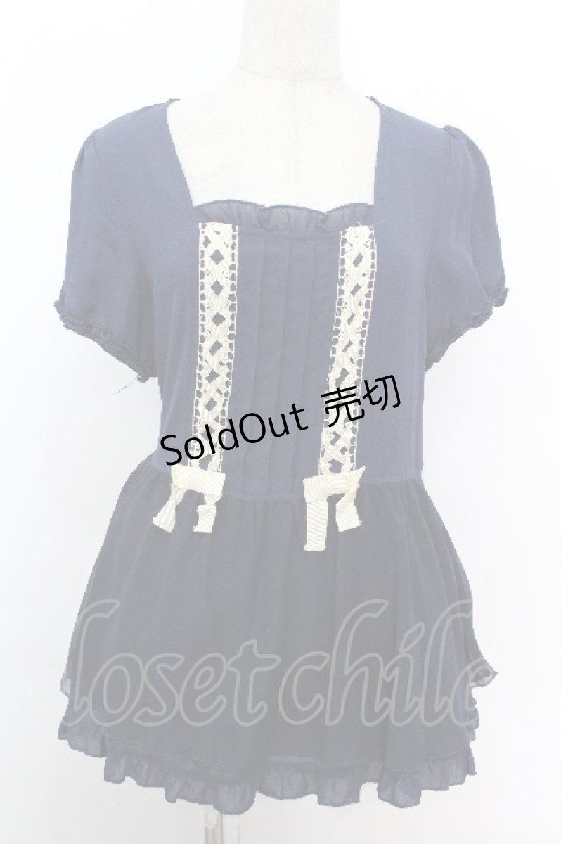 画像1: axes femme / 編み上げリボンシフォントップス  紺 S-26-05-07-057-AX-BL-HR-ZS (1)