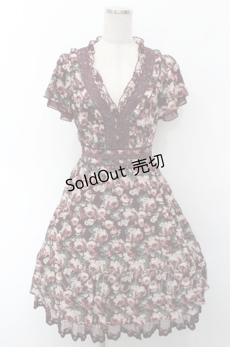 画像1: axes femme / ローズリーフ柄ティアードワンピース  ワイン S-26-05-08-053-AX-OP-HR-ZS (1)