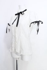 画像2: PEACE NOW / 立ち襟半袖ブラウス  白ｘ黒 S-26-05-29-027-PU-BL-HR-ZS (2)