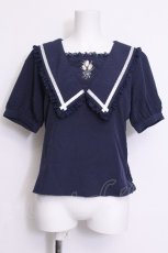 画像1: axes femme POETIQUE / リボン付きューリップ刺繍ブラウス  紺 S-26-06-11-023-AX-BL-AS-ZS (1)