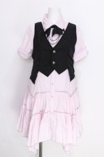 画像1: ALGONQUINS / ベスト付ストライプシャツワンピース  ピンクｘ黒 S-26-06-26-028-AL-OP-AS-ZS (1)