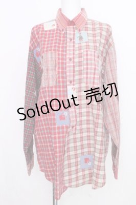 Preview of チェック&ワッペン長袖シャツ  赤系